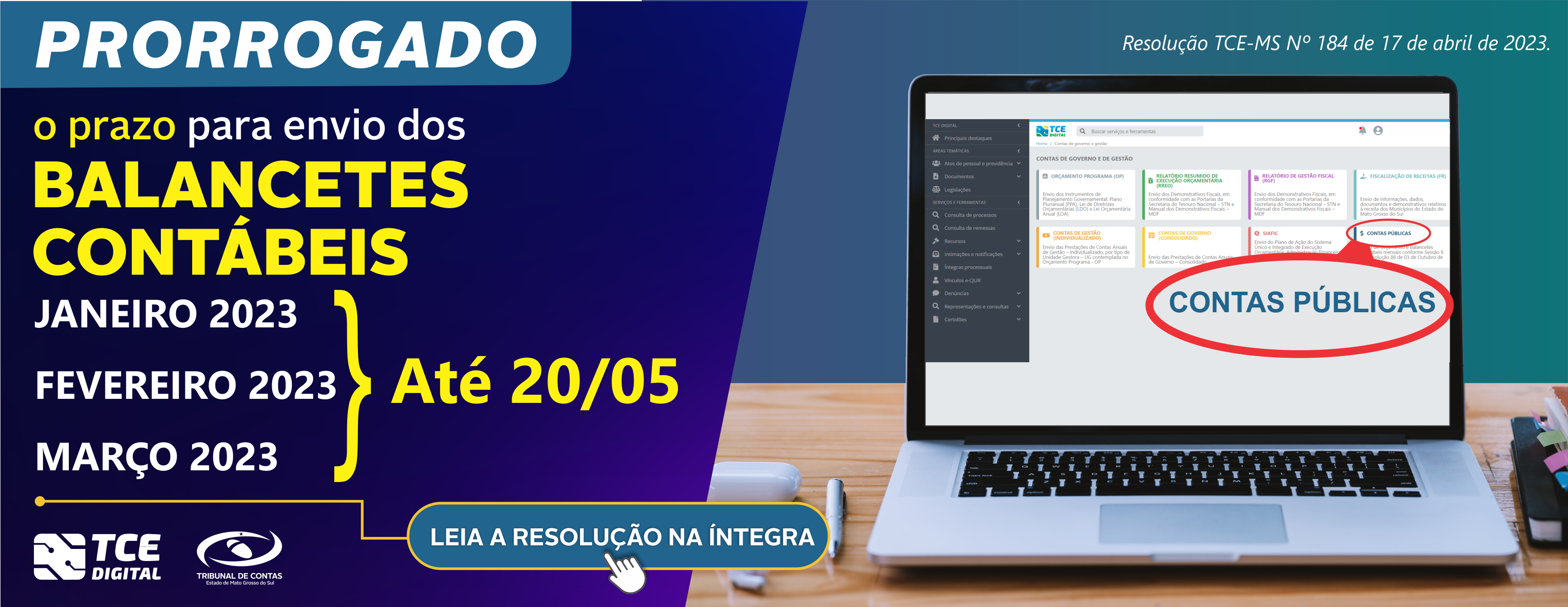 Prorrogação do o prazo para envio de dados do Balancete Contábil Municipal jan.fev.marc. do CONTAS PÚBLICAS